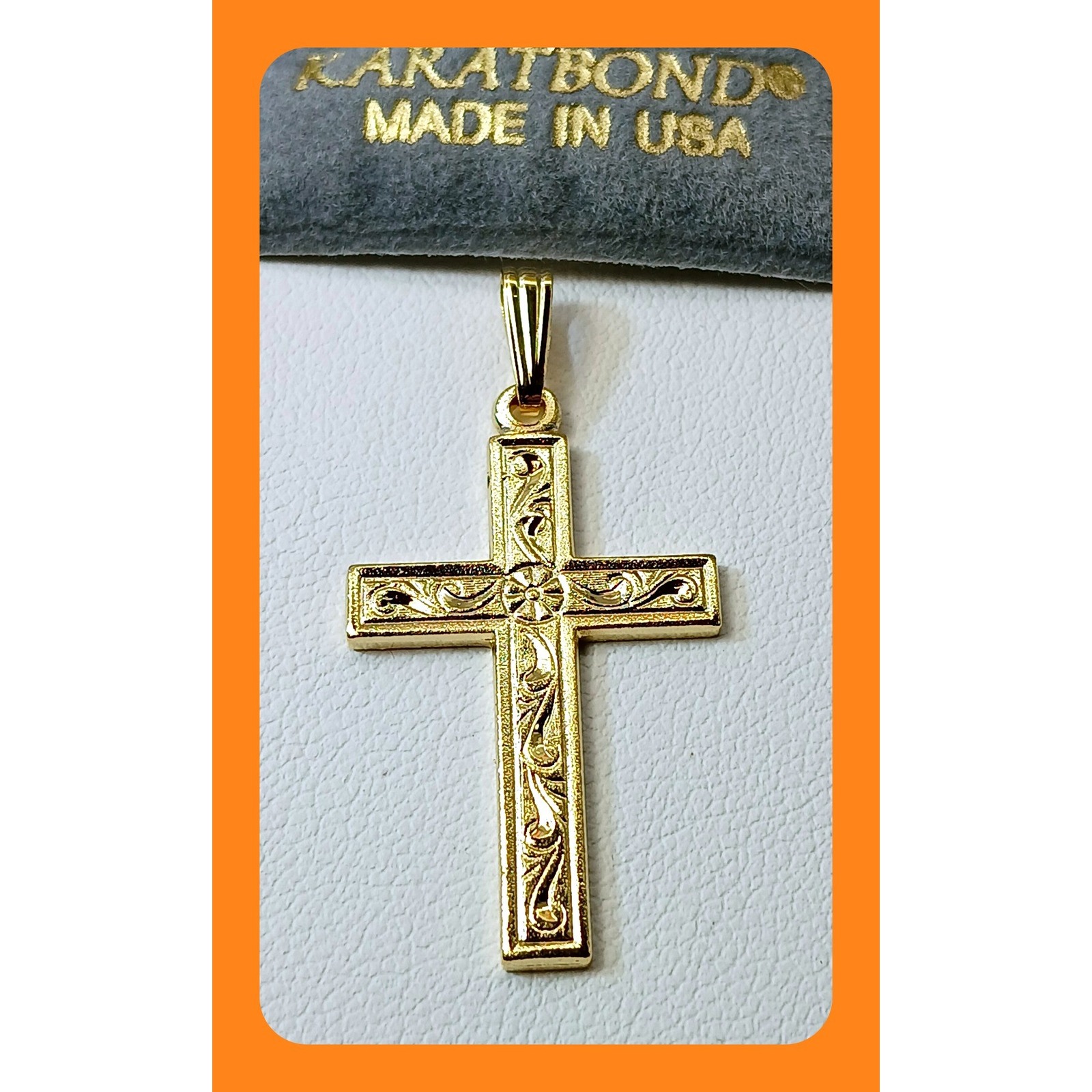 Karatbond Y2k Gold Engraved Floral Scroll Cross Pendant Made Usa Religious Charm